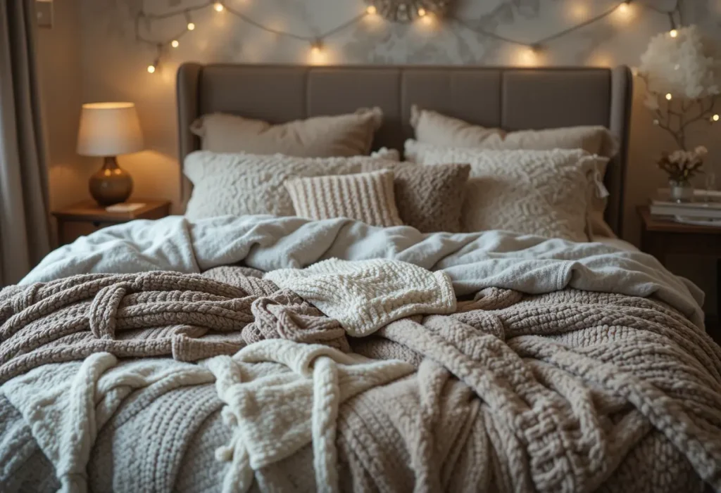 "Bedroom with layers of cozy blankets in soft textures and warm tones, creating a plush and inviting bed."