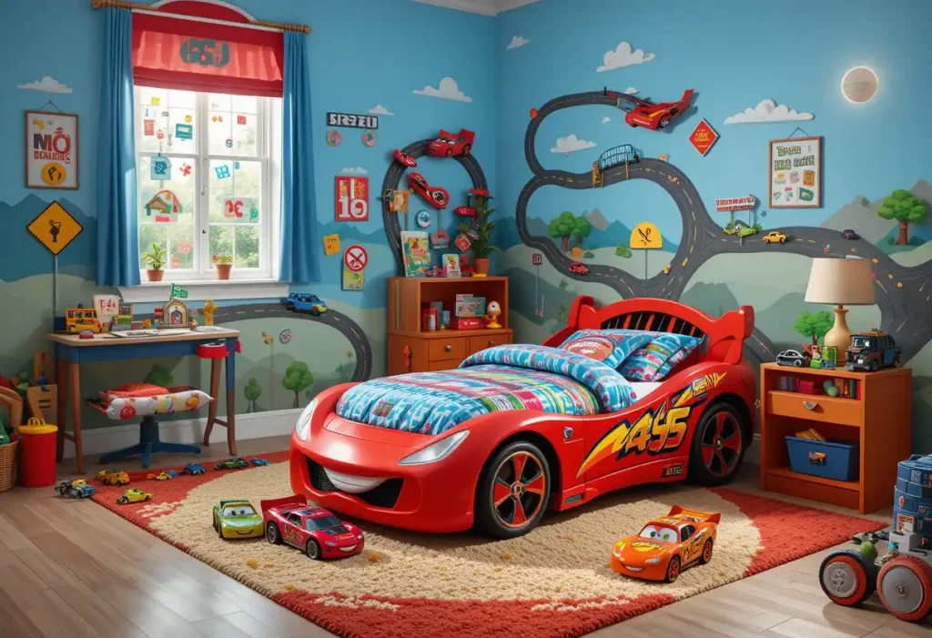 "Toddler bedroom with toy cars, road decals on the walls, and a car-shaped bed, creating a playful, car-themed wonderland."

