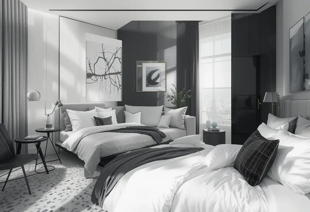 "Guest room with clean lines, black and white color palette, abstract art, and minimal modern furnishings."
