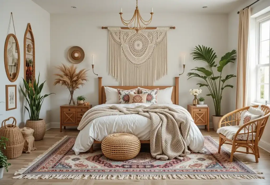  Boho chic bedroom with textured rugs, macramé wall art, and rattan accents in neutral tones.

