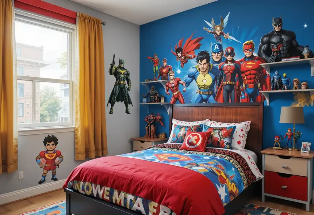 A colorful boy’s room with superhero decals, comic-themed bedding, and toy storage bins.