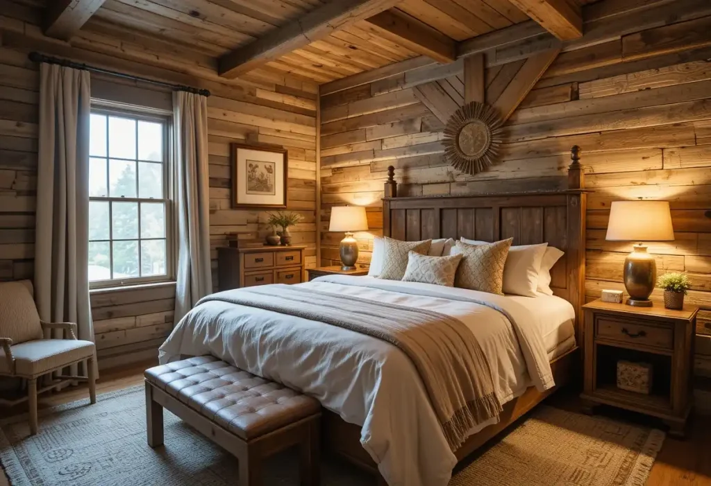 Rustic guest bedroom with weathered wood walls, neutral bedding, and warm ambient lighting.