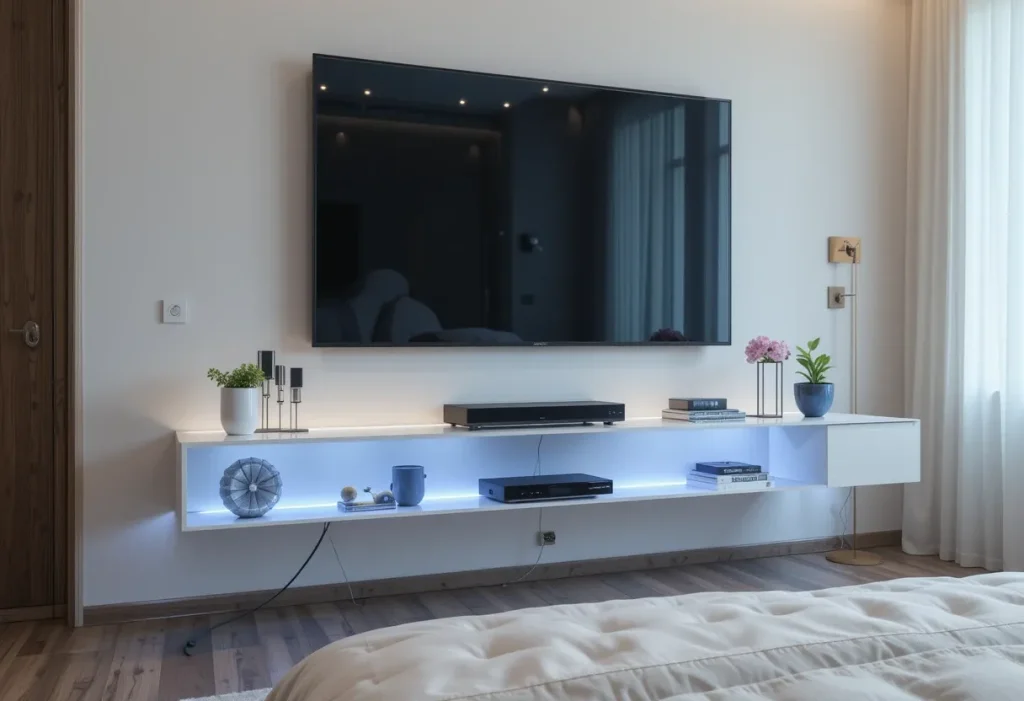 Wall-mounted TV above a wooden floating shelf with hidden cables in a minimalist brown bedroom.