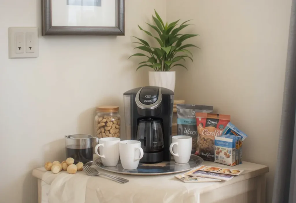 "Mini coffee station in a guest bedroom corner with a coffee maker, mugs, snacks, and cozy decor accents."