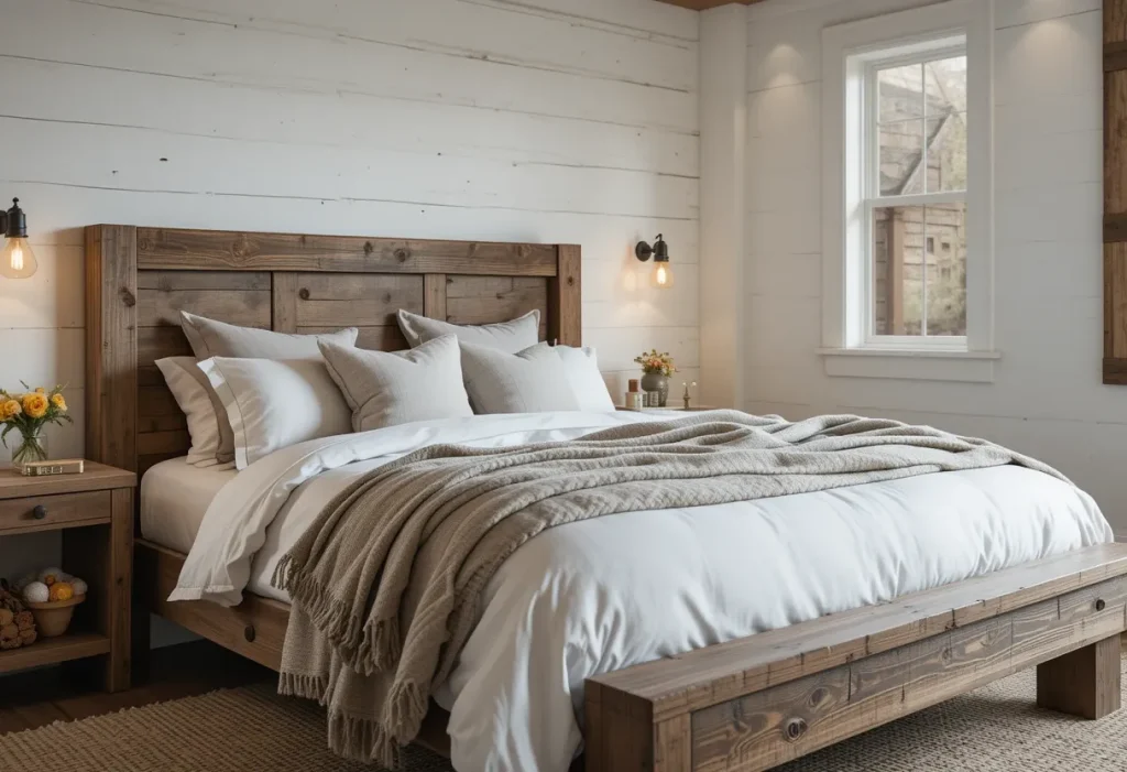 Rustic bedroom with a reclaimed wood bed frame, soft linen bedding, and warm lighting against a white shiplap wall.