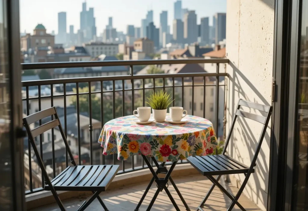 Small balcony with a foldable bistro table and two chairs, set for breakfast with coffee mugs and a potted plant.