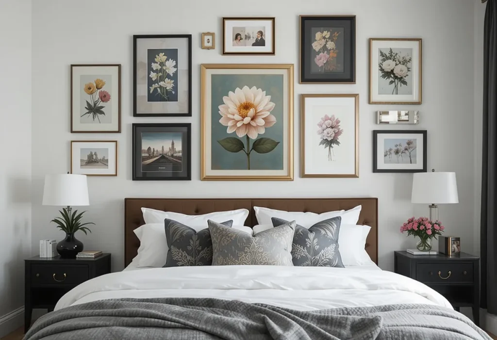 A minimalist bedroom wall featuring an arrangement of matched frames in various sizes with blank white inserts, arranged neatly over a bed.