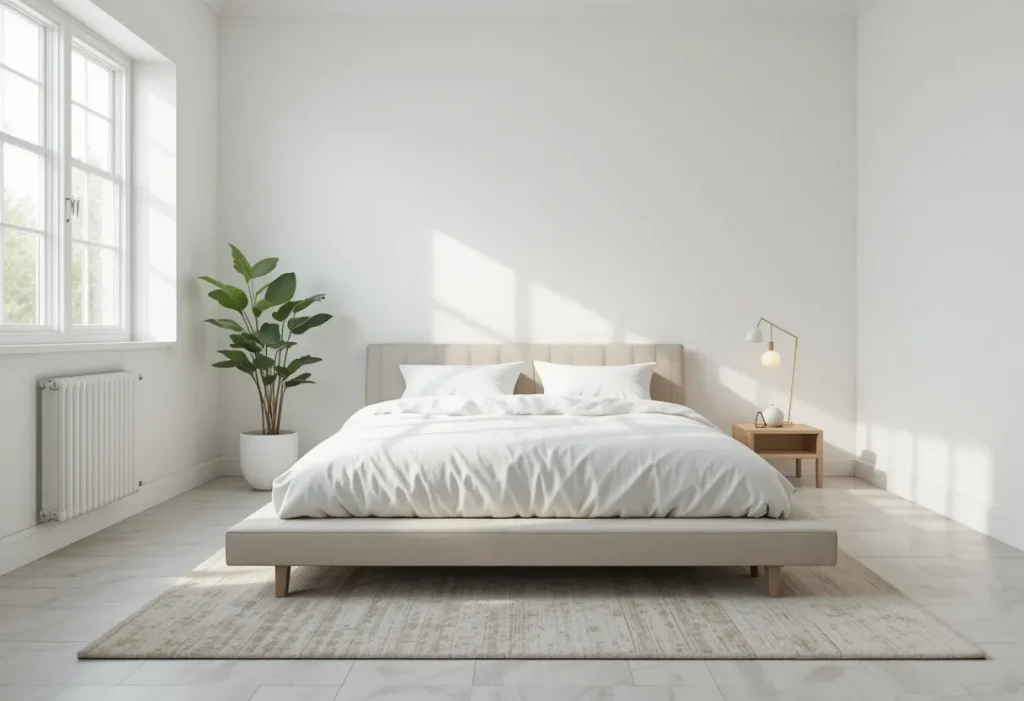 Minimalist bedroom with a low bed, single plant, and lamp on a plain wall in soft natural light; calm and clutter-free.