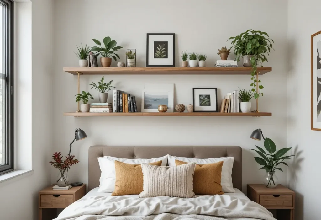 Floating wooden shelves above a bed, styled with books and plants in a small, cozy bedroom.