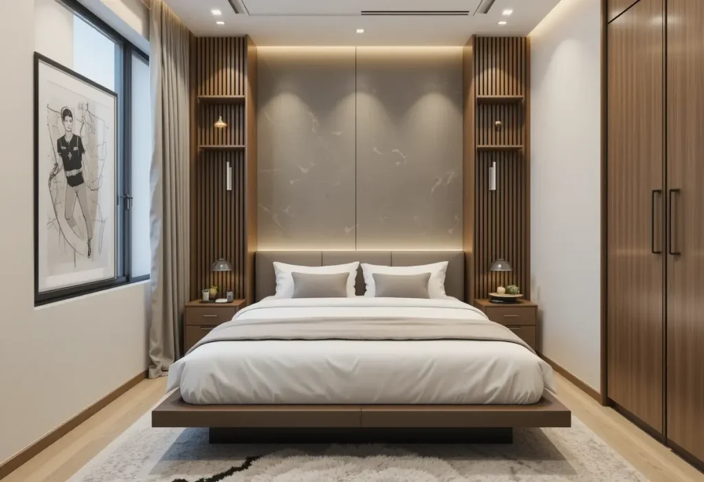 “Vertical wall shelves in a compact masculine bedroom with modern decor.”