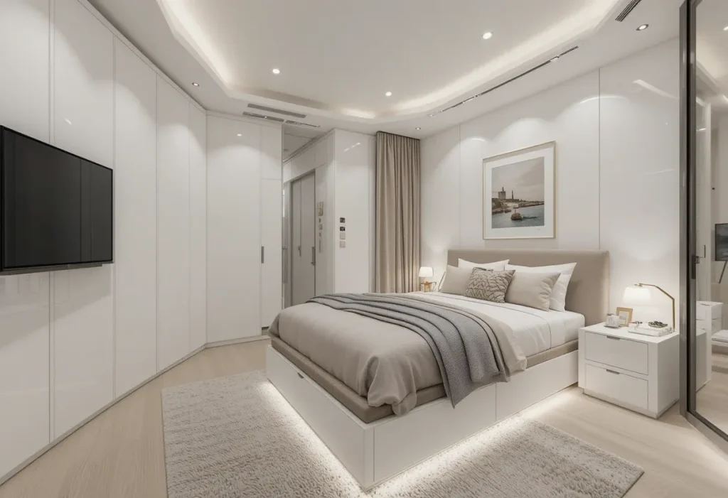 A clean, minimalist bedroom with a low-profile bed, neutral bedding, white walls, and hidden lighting under floating shelves.