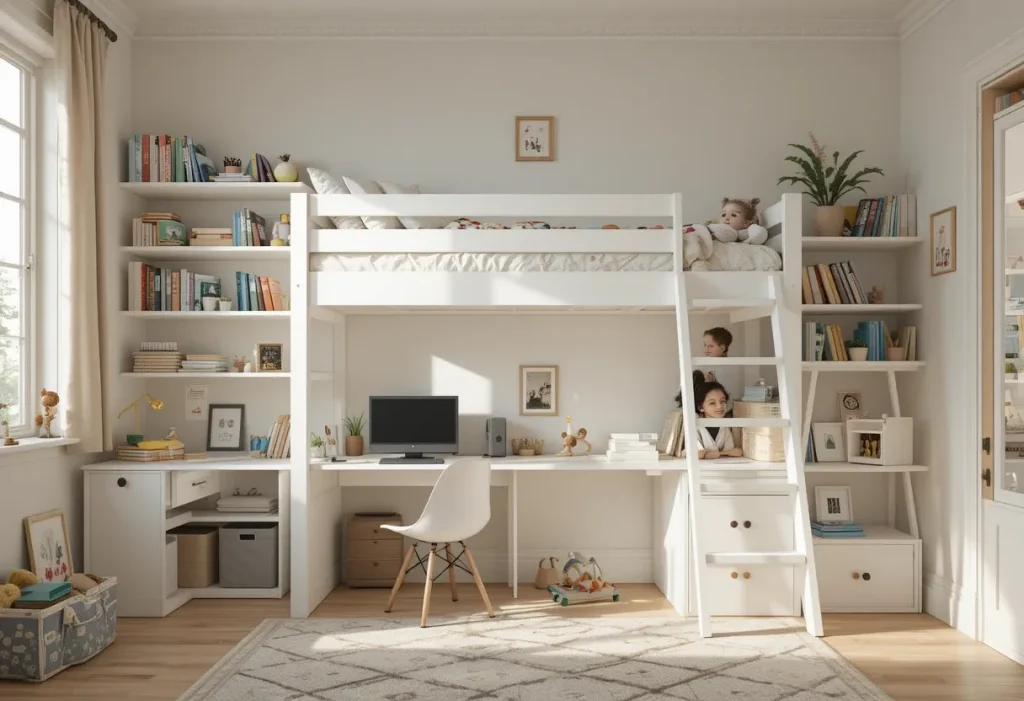 Kids’ bedroom with a loft bed above a study desk and wall-mounted shelves filled with books and toys.”