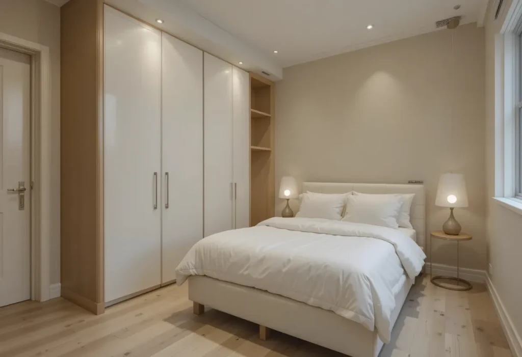 Wall-Mounted Murphy bed folded into the wall with shelves above, in a modern compact guest room.
