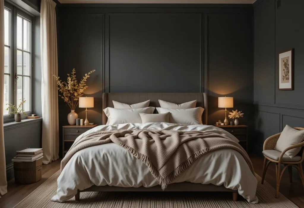 Cozy romantic bedroom with deep charcoal walls, warm bedding, soft lighting, and natural wood accents.