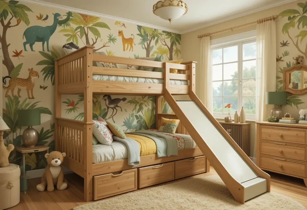 Jungle-themed kids' room with a wooden bunkbed, built-in slide, and soft padded flooring.