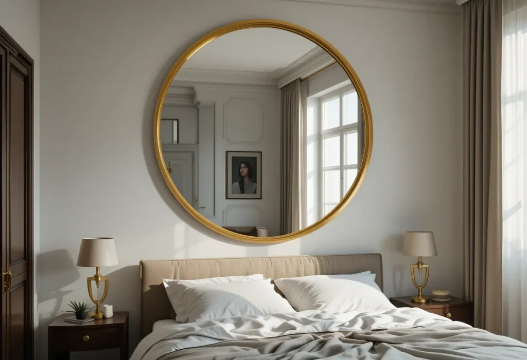 Mirror above bed reflecting natural light in a cozy small bedroom.

