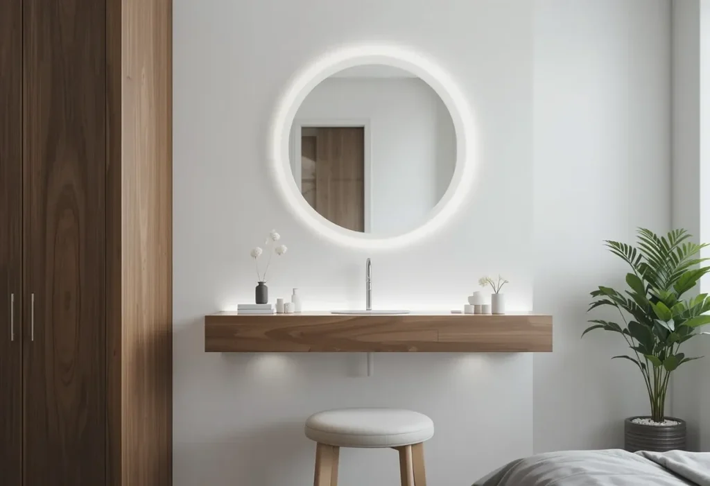 Wall-mounted floating vanity shelf with round mirror, LED lights, and a tucked-in stool in a minimal modern bedroom.

