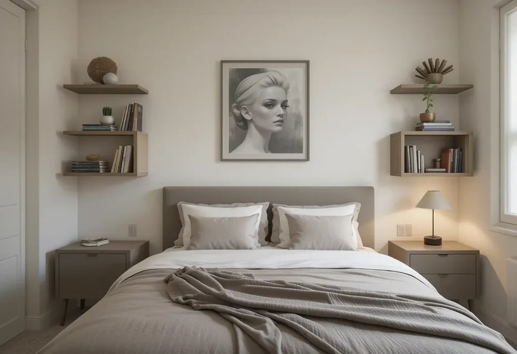 Wall-mounted floating shelves beside a bed holding a lamp and books, replacing traditional nightstands in a small bedroom.

