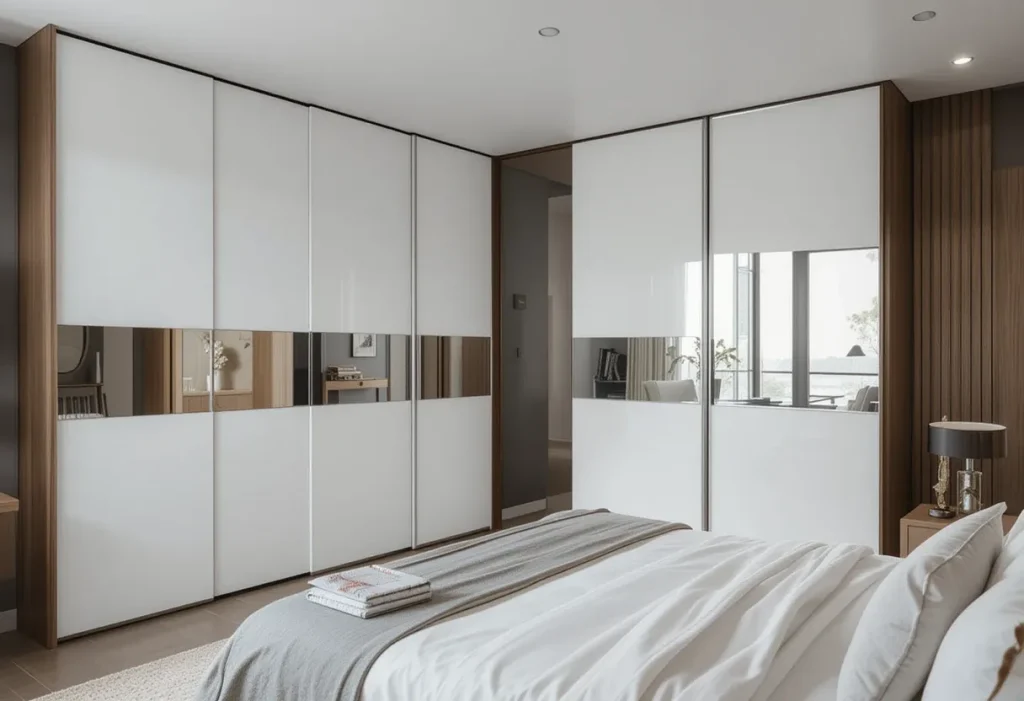 Sliding-door wardrobe in a modern bedroom, featuring mirrored panels and space-saving design.