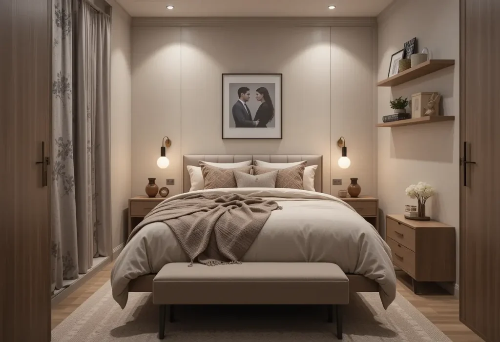 Small couple’s bedroom with tall shelving, vertical storage, and space-saving decor to maximize height.