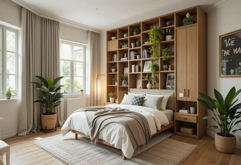 Small bedroom with vertical storage, tall shelves, and cozy design that makes smart use of wall space.

