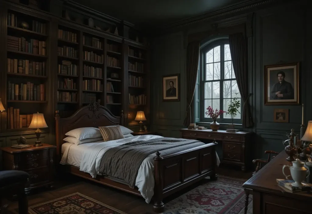 "Dark academia bedroom with deep green walls, vintage furniture, and bookshelves lit by candles"


