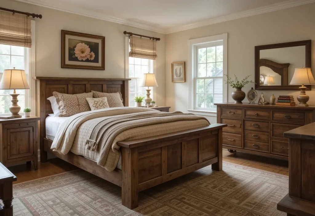 Farmhouse guest bedroom with a chunky distressed wood bed, warm bedding, and soft lighting
