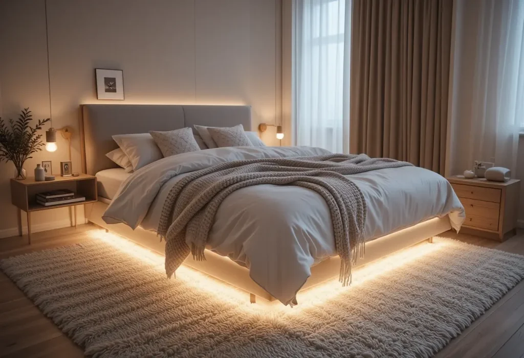 "Bedroom with soft under-bed LED lighting, creating a warm, floating glow and cozy nighttime atmosphere."