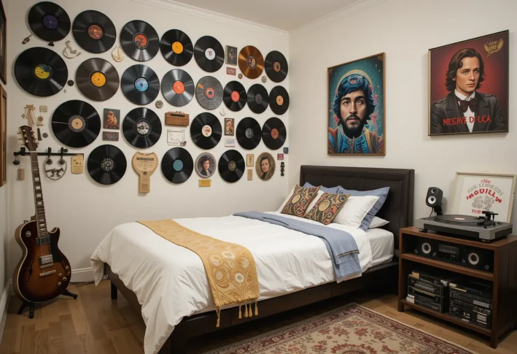 "Music-themed bedroom with guitars, records, and sound gear decor"