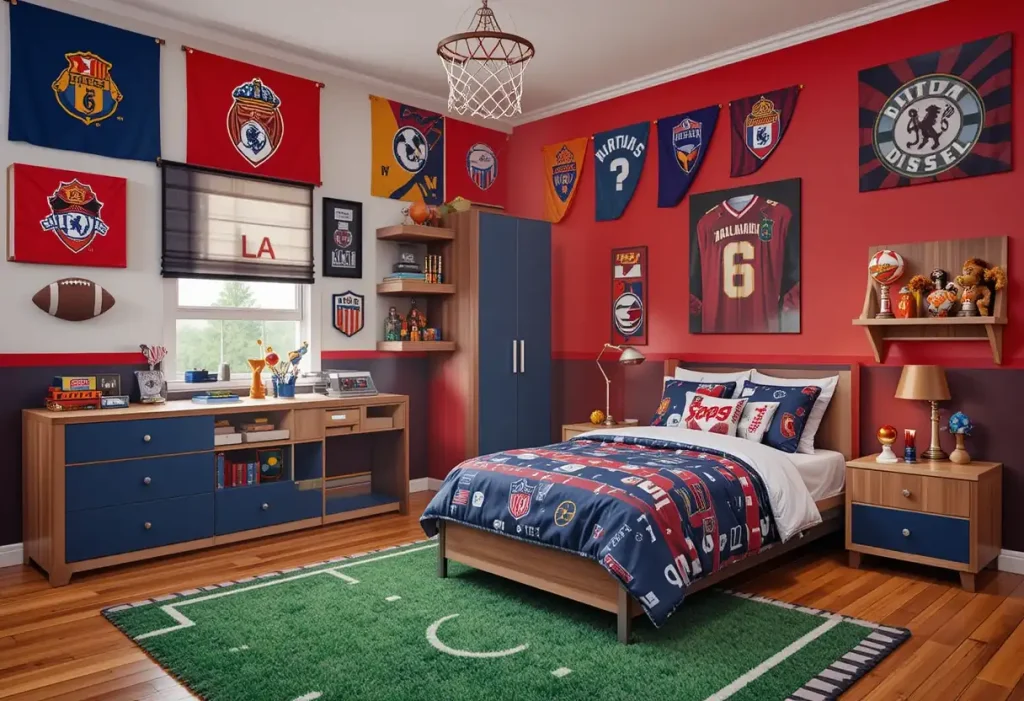 "Sports-themed boys’ bedroom with team flags, trophy shelf, sports bedding, and a basketball hoop for young fans."