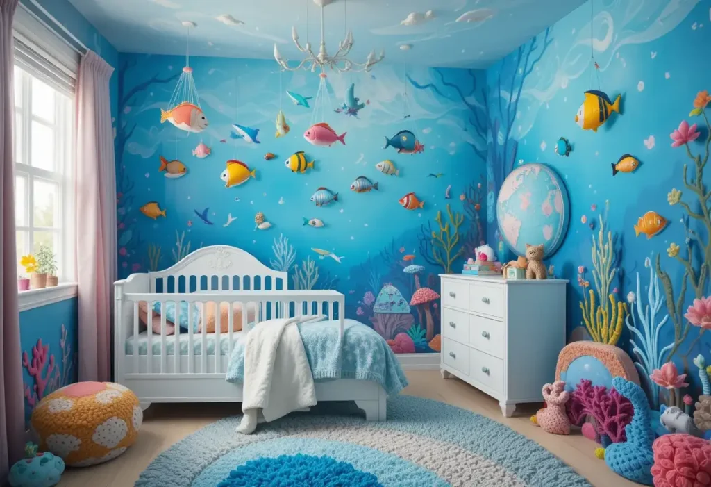 "Toddler room with underwater murals, fish decor, and sea creature toys evoking an under-the-sea adventure."