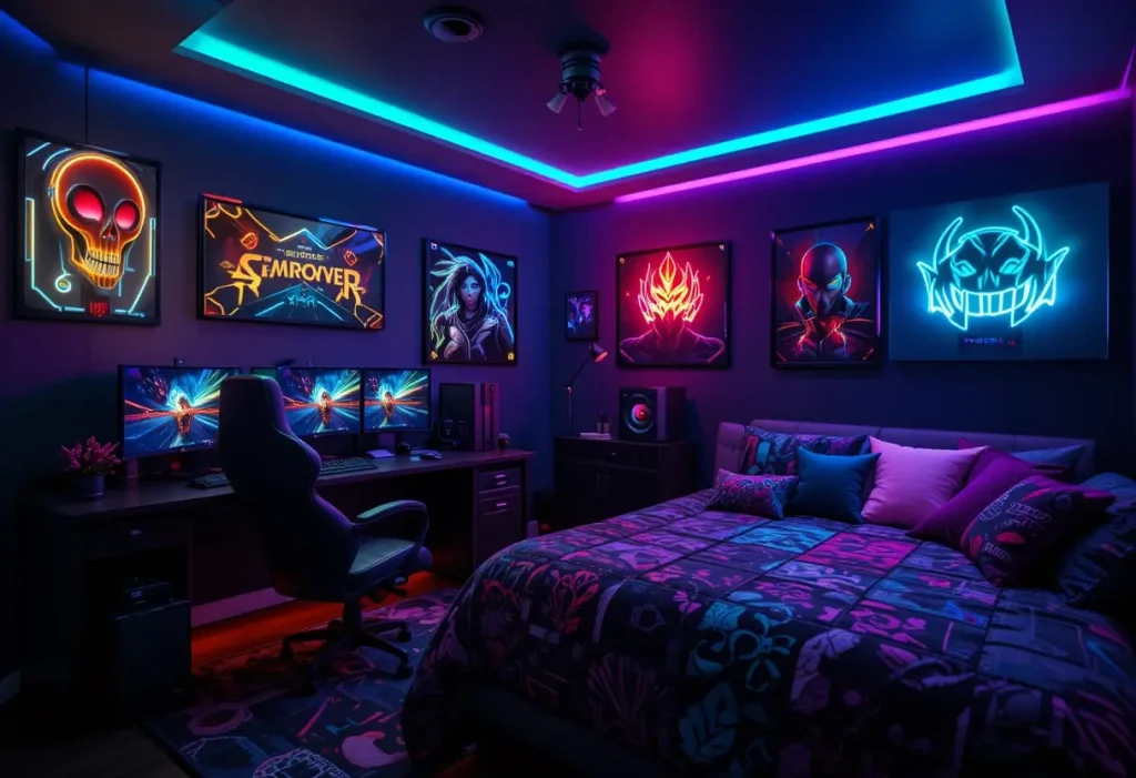 "Futuristic gamer guest room with neon lights, gaming setup, RGB accents, and a dark immersive atmosphere."