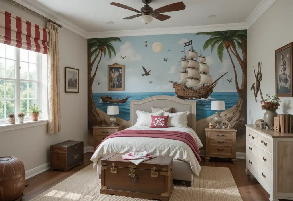A pirate-themed room with rope decor, treasure chest toy storage, and a pirate mural.
