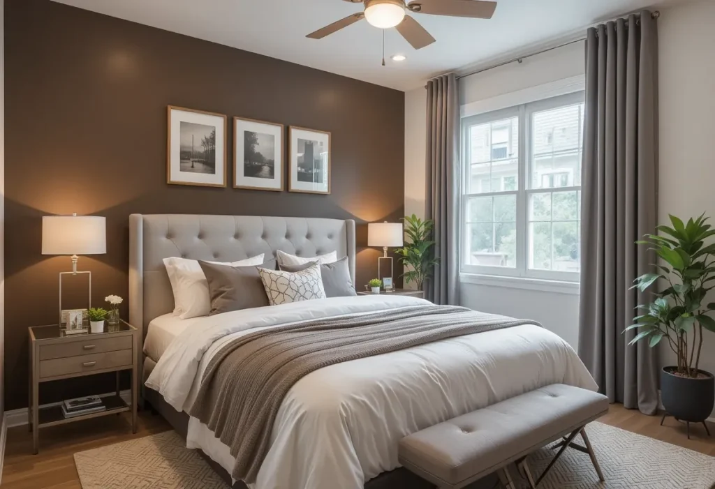 Floating dark wood shelves above a bed holding books, plants, and minimalist decor.