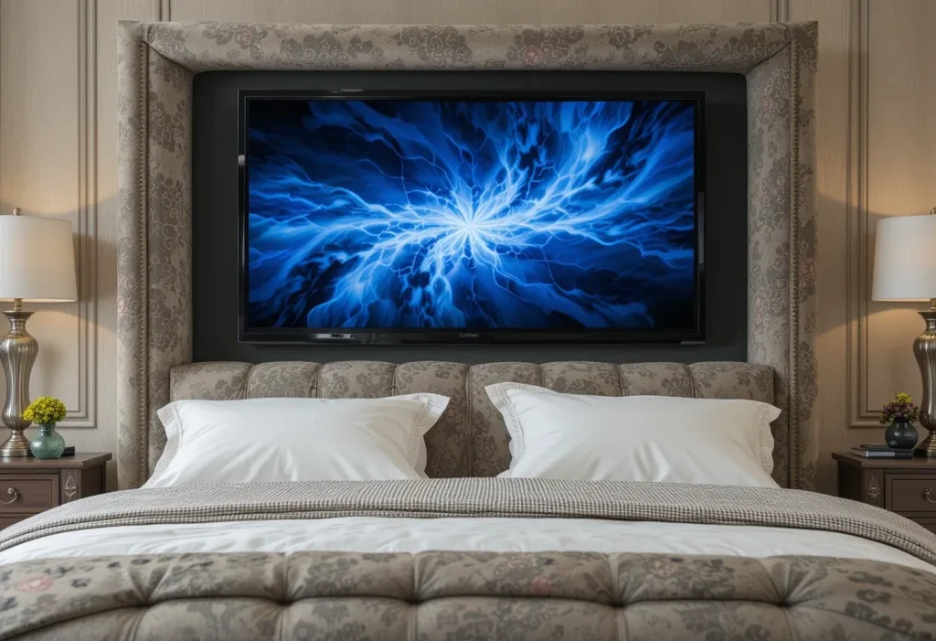 Pop-up TV emerging from the footboard of a luxury bed in a neutral-toned brown bedroom.