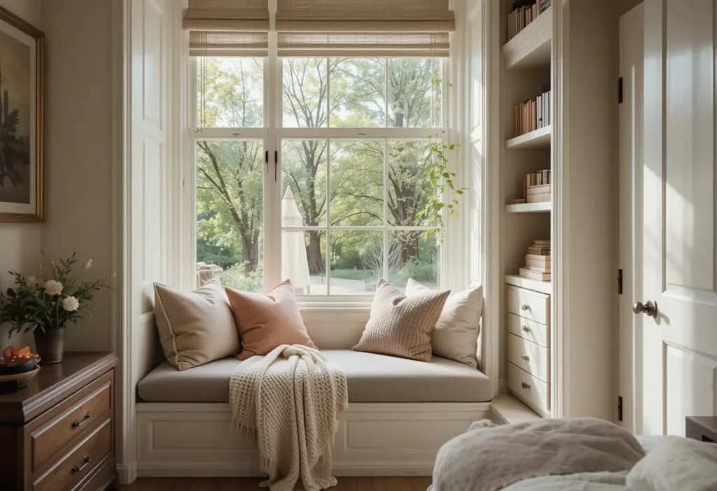 "Cozy bedroom with a window nook bench, layered with cushions and a throw, creating a bright and relaxing corner for reading or daydreaming.