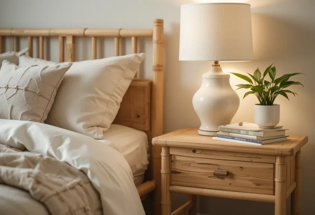 Light bamboo bedside table with a ceramic lamp, book stack, and potted plant in a small bedroom.