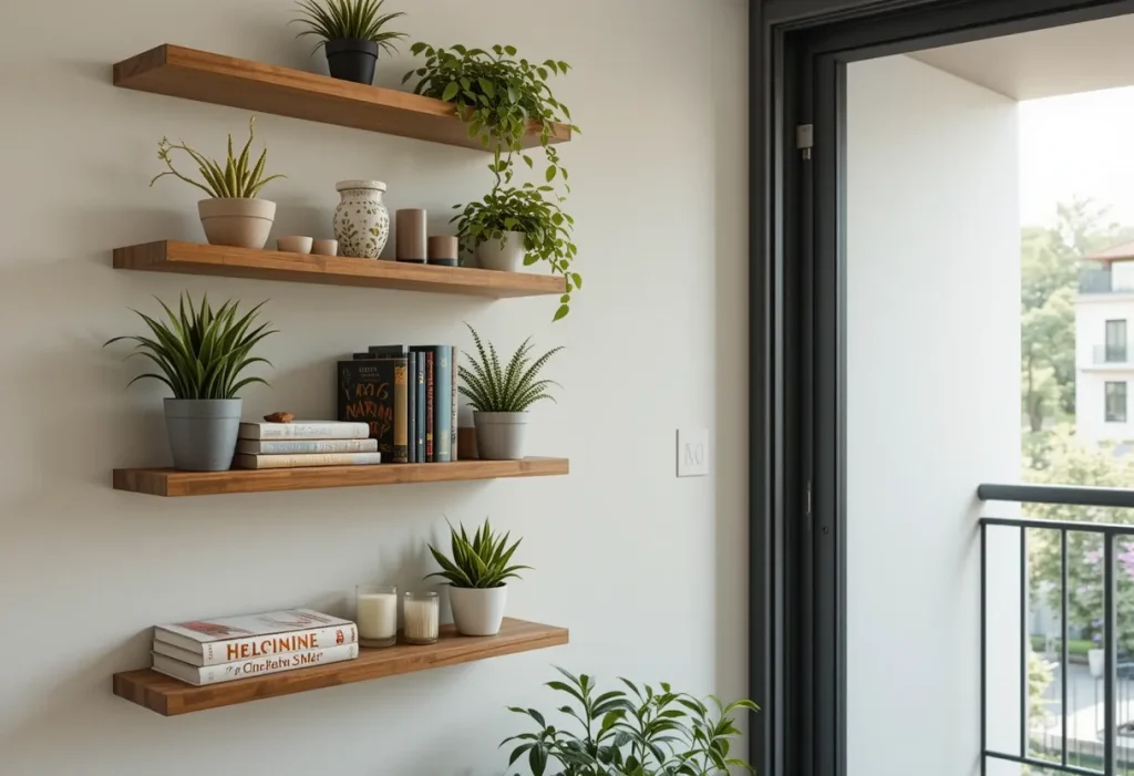 Floating wooden shelves near a balcony door displaying plants, books, and candles in a tidy arrangement.