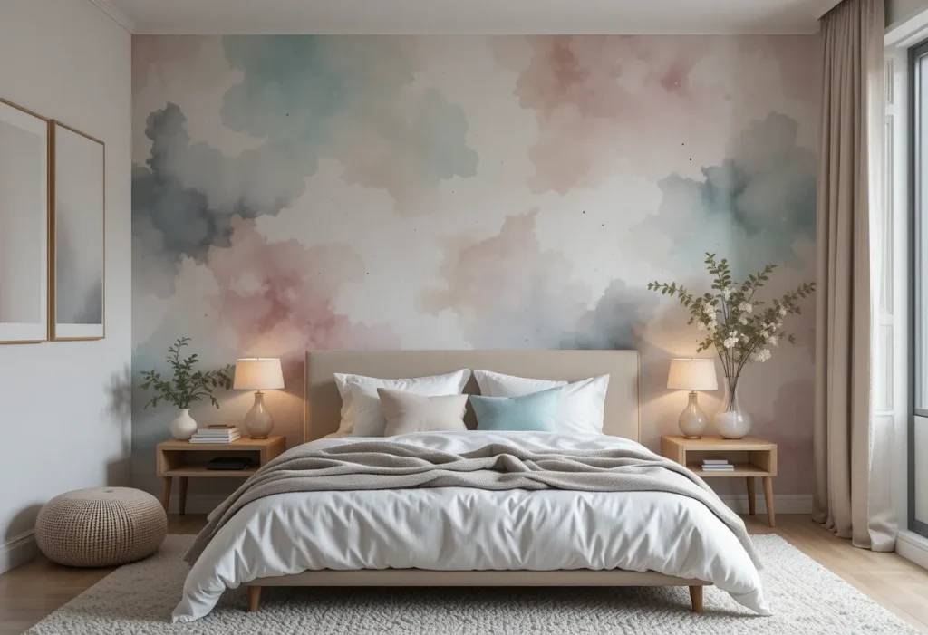 Serene bedroom with soft watercolor wallpaper in pastel hues, white bedding, and simple decor.