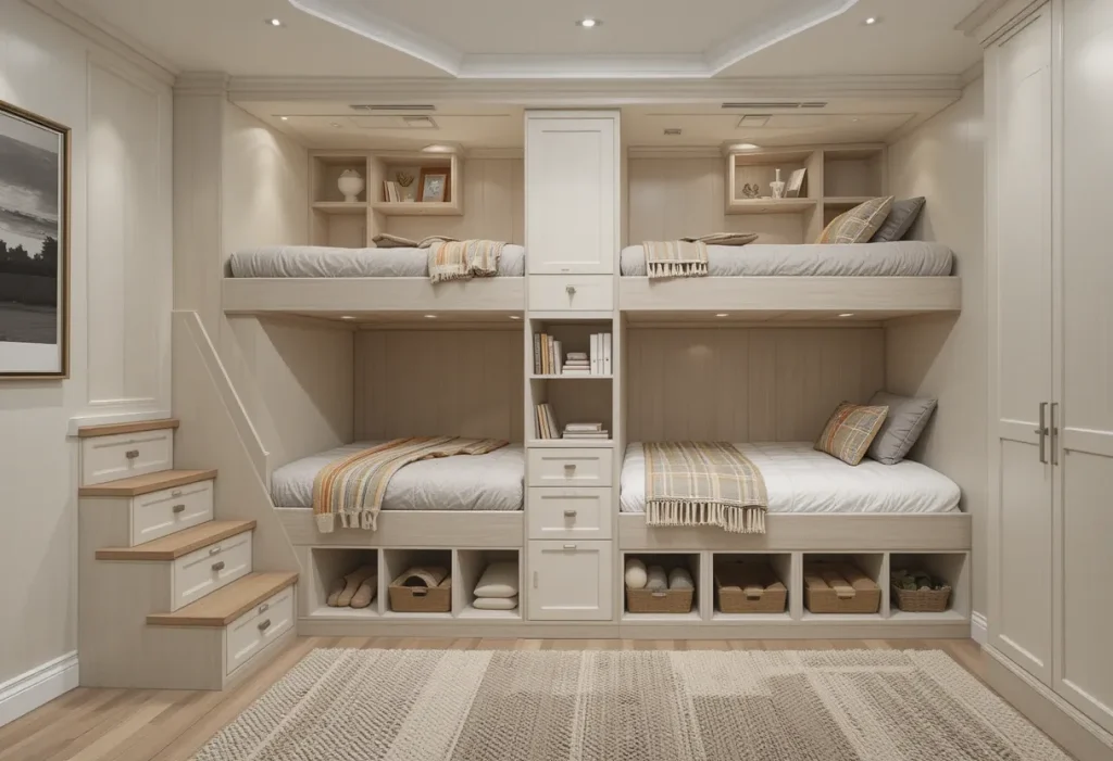 Compact bedroom with stylish built-in bunk beds and storage cubbies beneath.