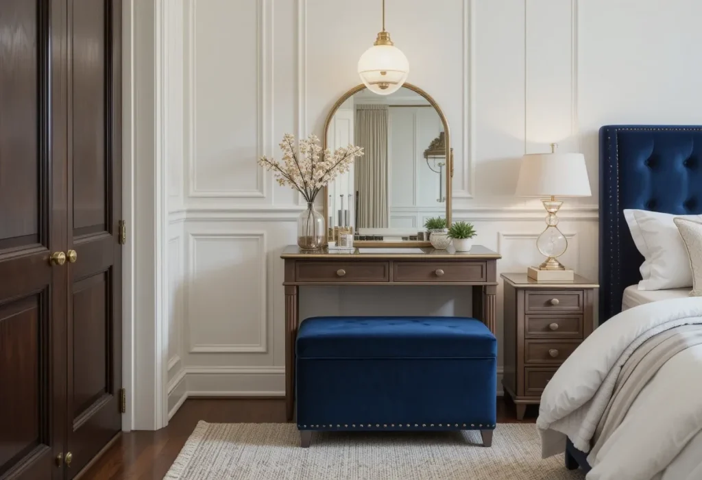 Neutral bedroom with a deep navy velvet bench, mirrored vanity, and cozy white furnishings.
