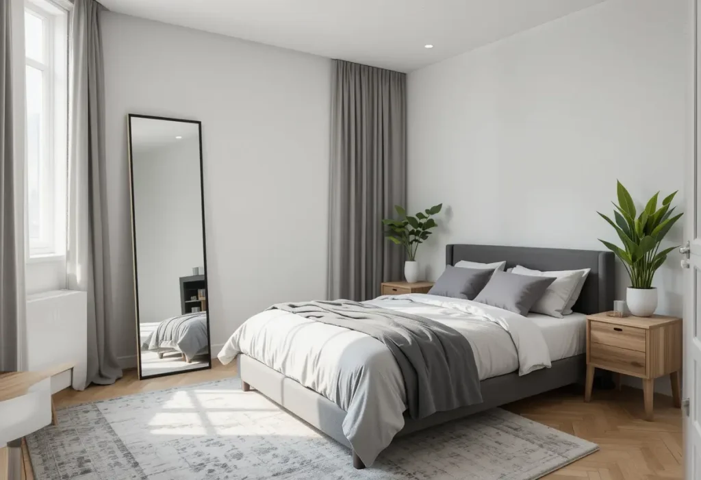 “Modern bedroom with under-bed drawers and organized storage.”
