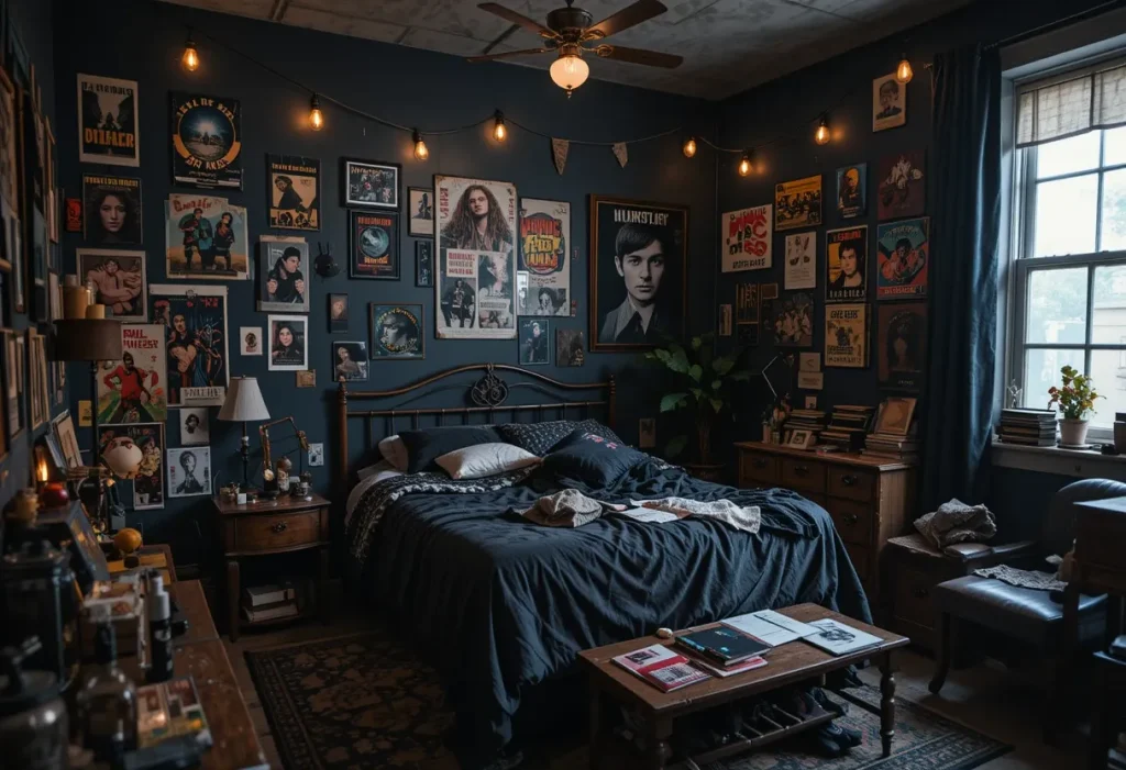 A dark, eclectic bedroom with band posters, string lights, messy bedding, and thrifted furniture.