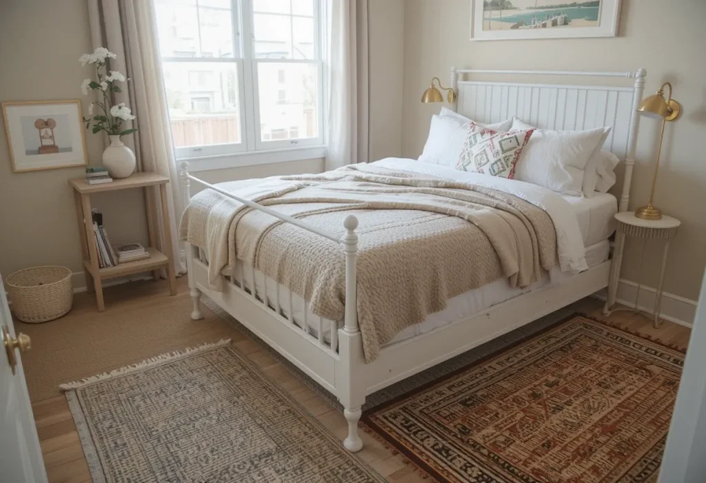 Layered neutral rugs anchoring a cozy guest bed in a snug room.