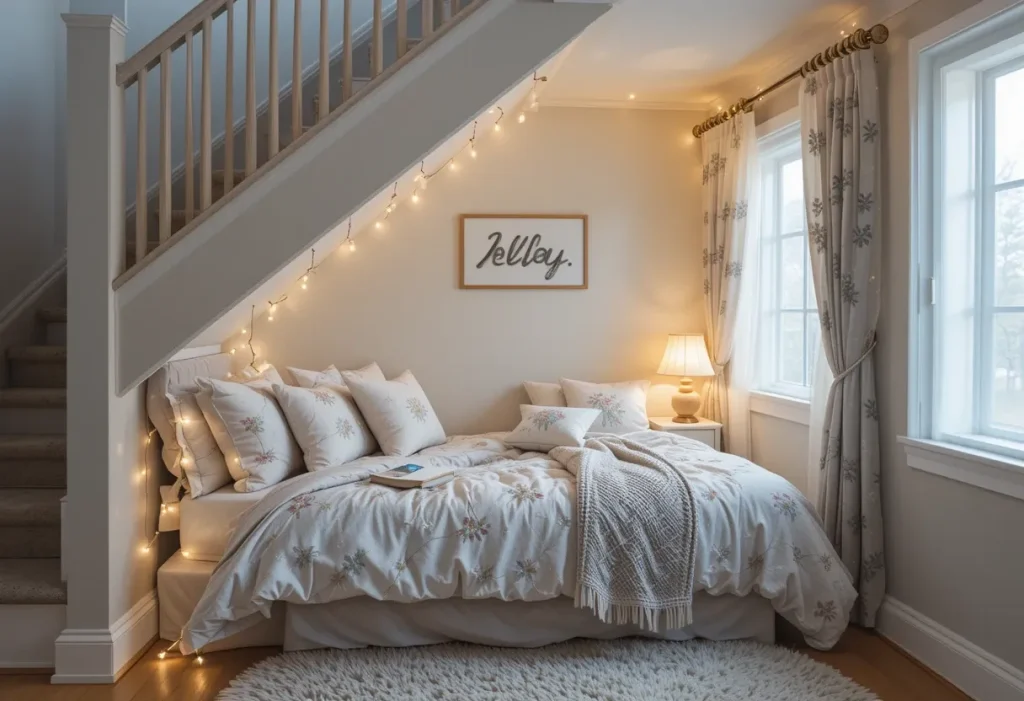 Cozy bunk under the stairs with curtains, fairy lights, and a personalized name sign.