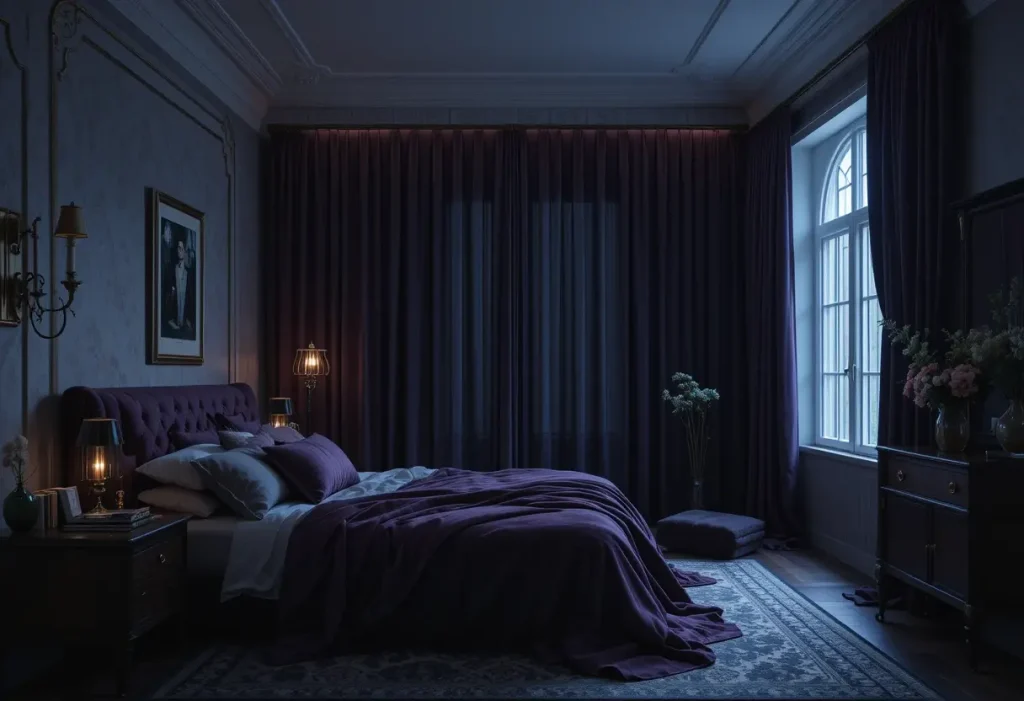 Romantic dark bedroom with luxe blackout curtains in rich fabric and soft, cozy lighting.
