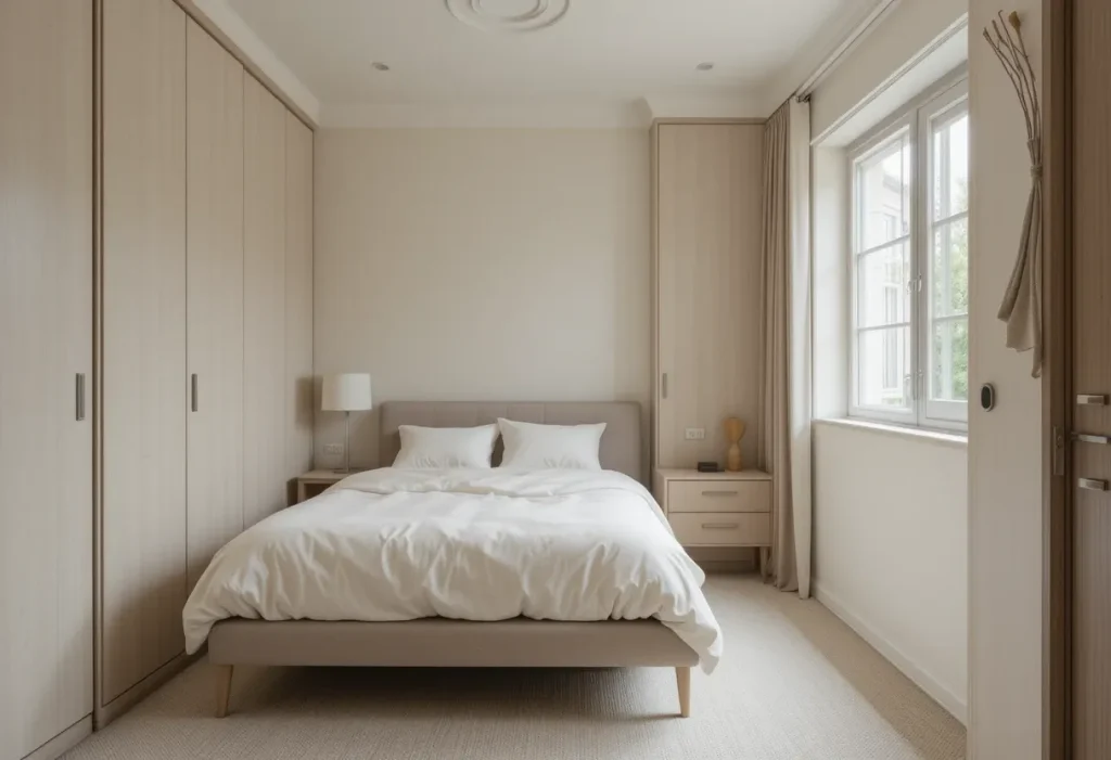 Slim-profile bed and compact dresser in a small bedroom.