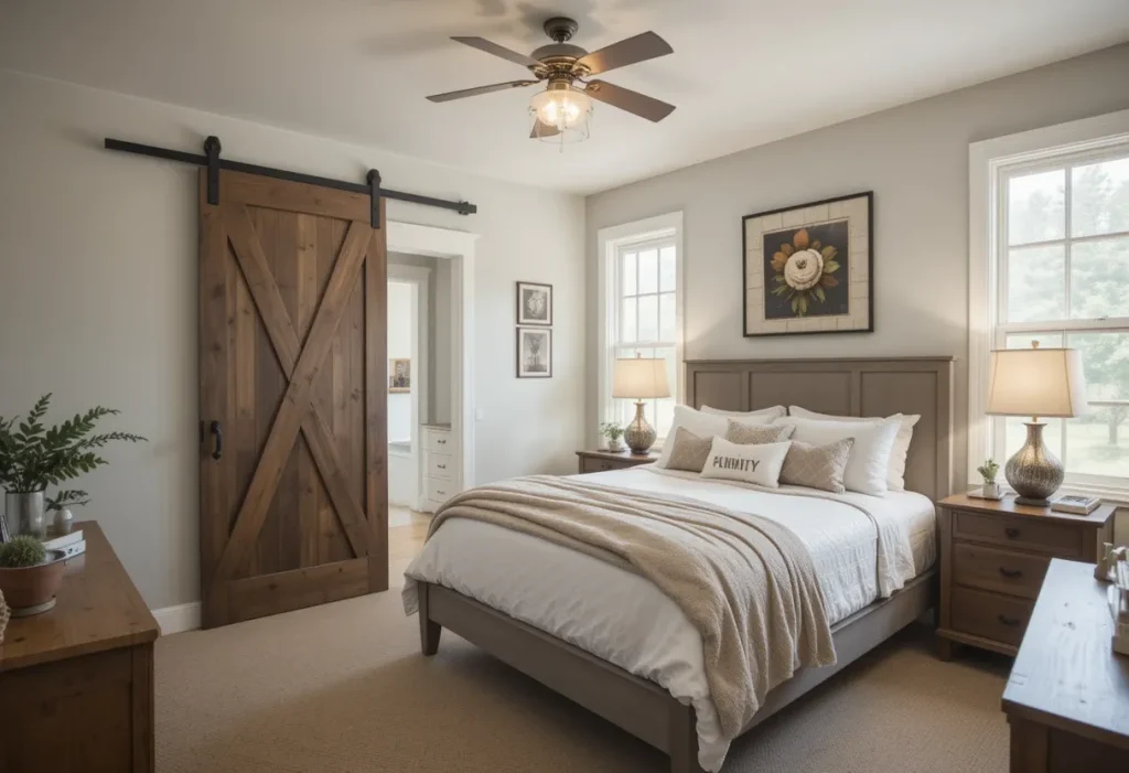Bedroom with a rustic wood sliding barn door and cozy neutral decor.