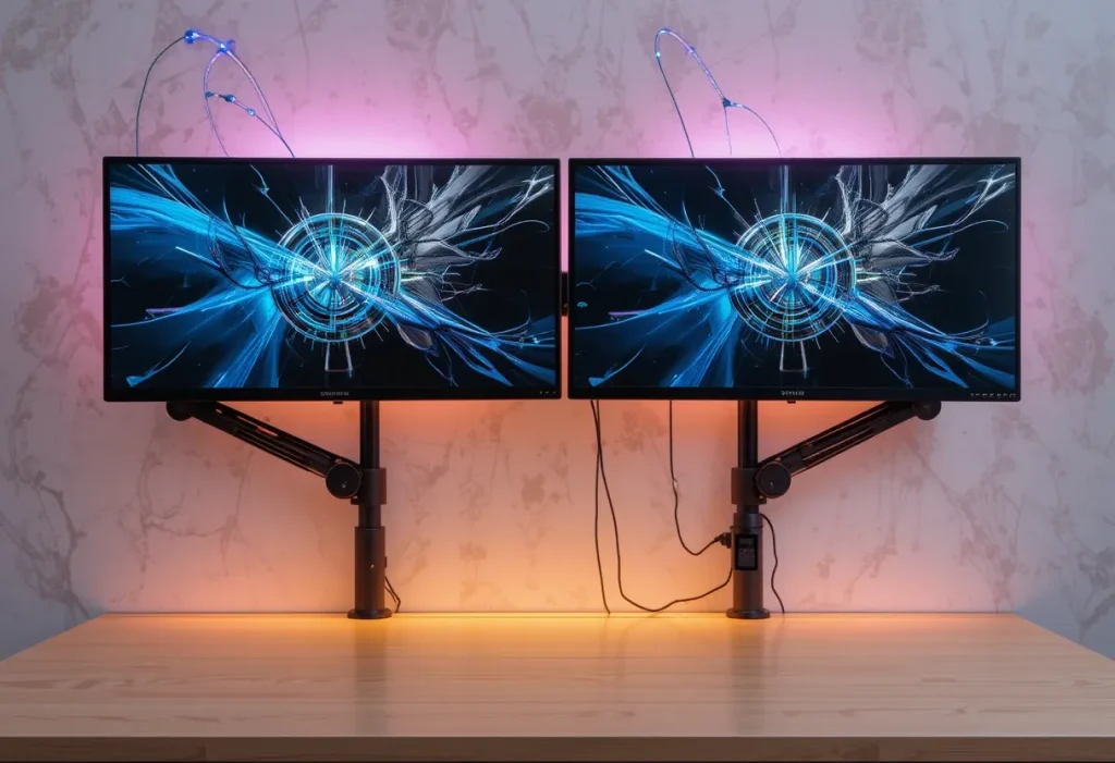 Dual monitors mounted on adjustable arms above a gaming desk, maximizing space and ergonomic positioning.