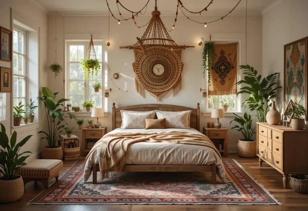 "Bohemian-style bedroom with plants, cozy textiles, and relaxed decor"